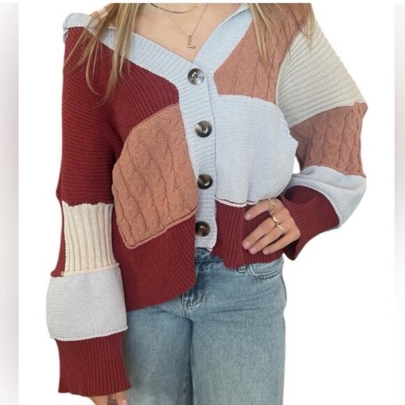 POL New Colorblock Oversized Cardigan with Hood Neutral Colors Large NWOT - Picture 2 of 12